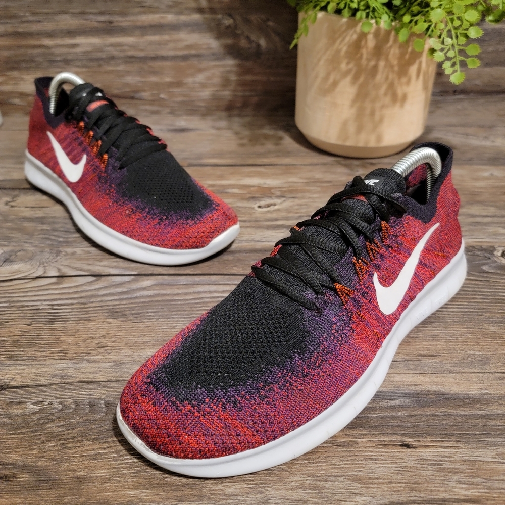 Nike Free RN Flyknit Running Shoes Size 7Y Black Red 881973-00